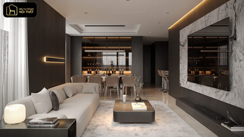 thiết kế phòng khách liền bếp