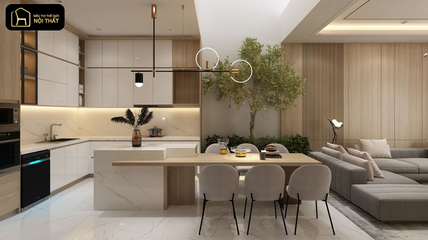 Thiết kế phòng khách liền bếp nhà ống