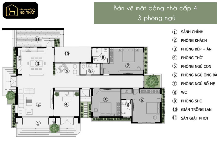 Bản vẽ nhà cấp 4 3 phòng ngủ
