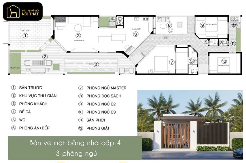 Bản vẽ nhà cấp 4 3 phòng ngủ