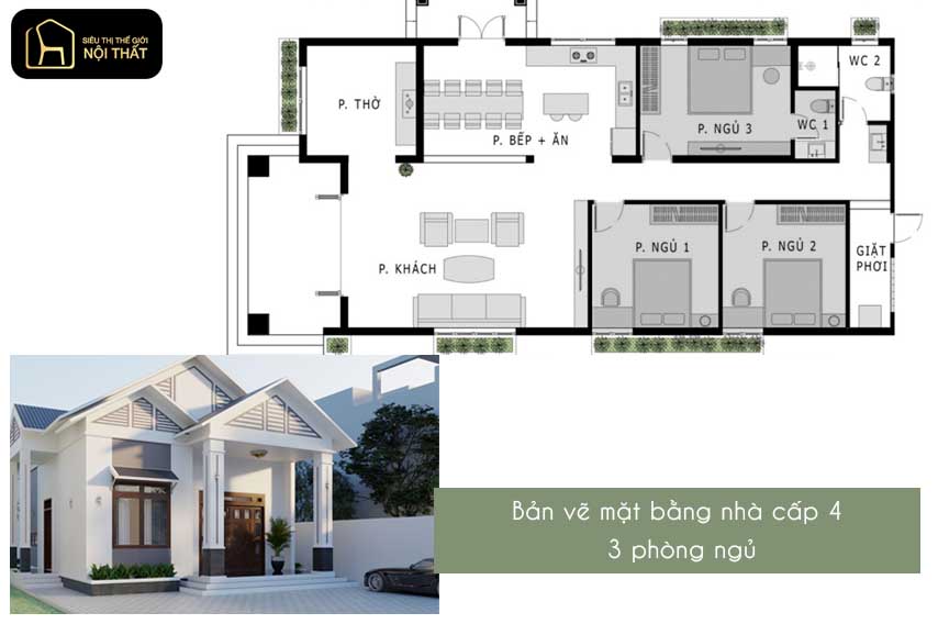 Bản vẽ nhà cấp 4 3 phòng ngủ