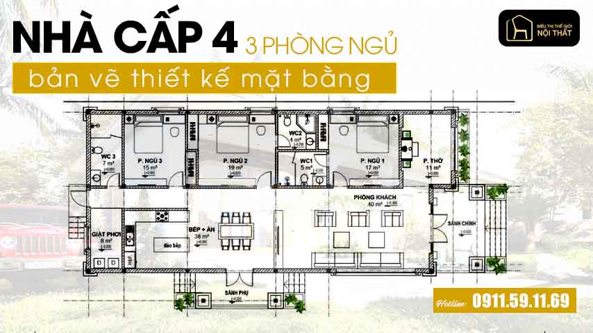 Bản vẽ nhà cấp 4 3 phòng ngủ