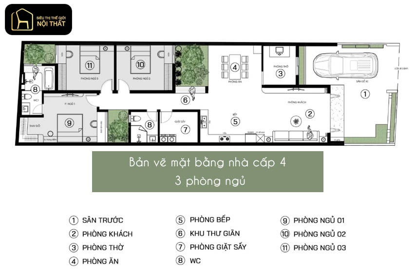 Bản vẽ nhà cấp 4 3 phòng ngủ