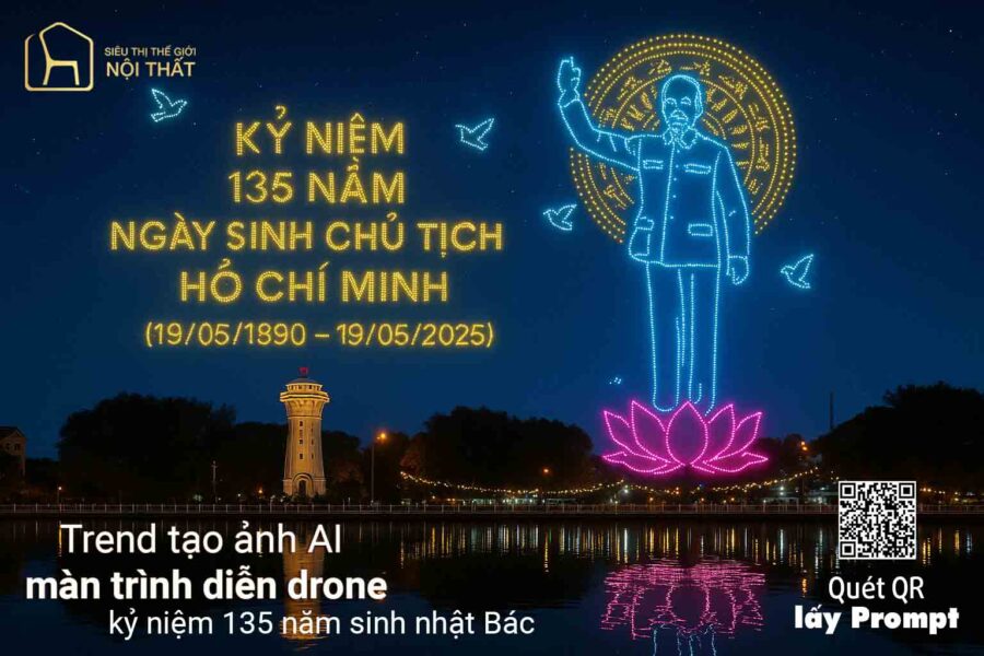 Tạo ảnh AI màn trình diễn drone kỷ niệm 135 năm sinh nhật Bác