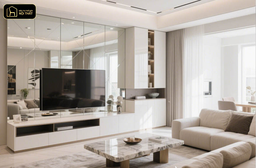 Phòng khách hiện đại với panel MDF sơn UV bóng gương