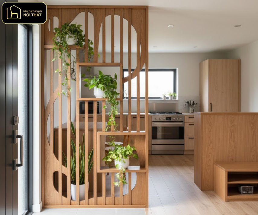 Cách hóa giải bếp đối diện cửa chính - Sử dụng vật cản vật lý là giải pháp phổ biến và hiệu quả nhất để ngăn luồng khí từ cửa chính xộc thẳng vào bếp.