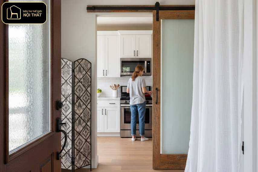 Cách hóa giải bếp đối diện cửa chính - Đảm bảo cửa bếp luôn đóng, hạn chế tầm nhìn khi nấu