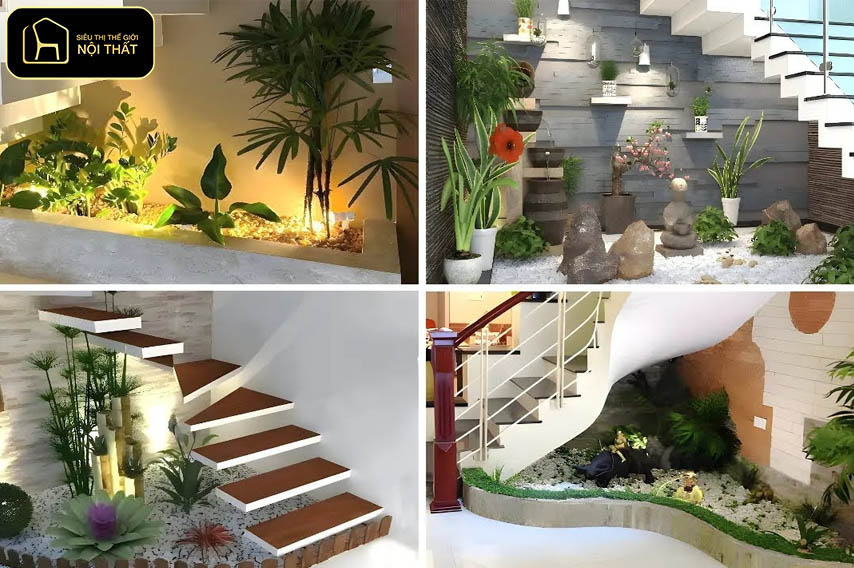 Decor cây xanh trong nhà - Tạo tiểu cảnh cây xanh kết hợp sỏi, đá hoặc đèn trang trí, giúp không gian trở nên sinh động hơn.