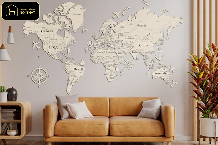 Decor tường phòng khách - Bản đồ tạo cảm giác khám phá và cá tính