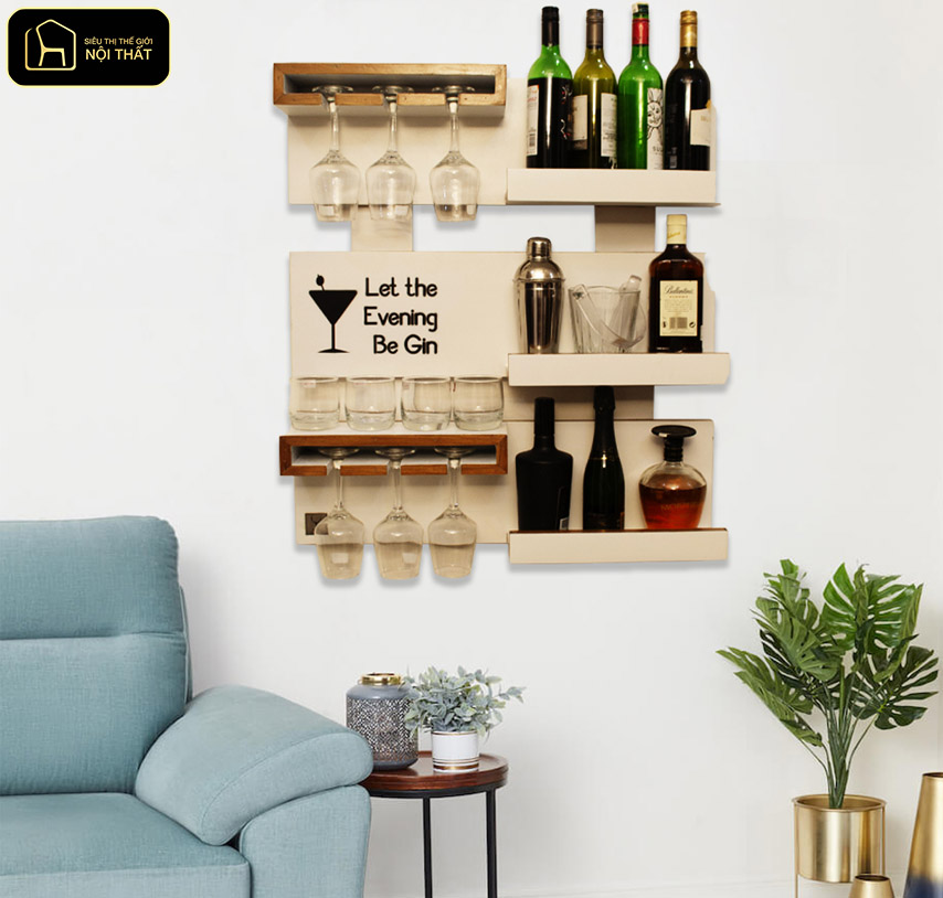 Decor tường phòng khách - Quầy rượu treo tường giúp tận dụng không gian hiệu quả.