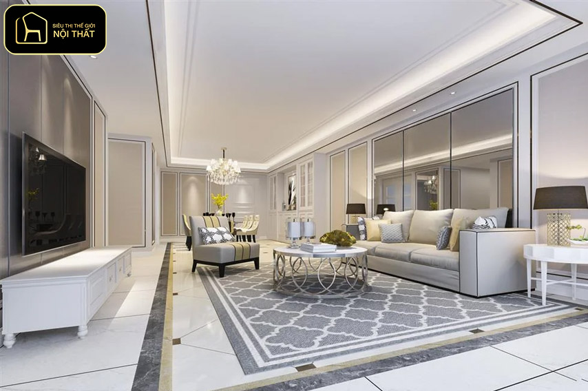Decor tường phòng khách - Gương giúp phản chiếu ánh sáng, làm không gian sáng và rộng hơn.