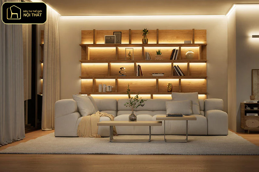 Decor tường phòng khách - Đèn LED và đèn hắt sáng giúp mảng tường thêm chiều sâu và ấm cúng.