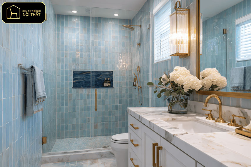 Mẫu gạch ốp lát nhà vệ sinh đẹp - Việc phối màu và sắp xếp gạch hợp lý giúp nhà vệ sinh không chỉ đẹp mắt mà còn tạo cảm giác rộng rãi, sạch sẽ và dễ sử dụng lâu dài.