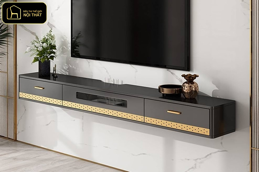 Mẫu kệ tivi treo tường phòng khách - Nhờ có ngăn kéo hoặc tủ kín, phòng khách luôn gọn gàng, ngăn nắp mà vẫn đảm bảo tính thẩm mỹ.