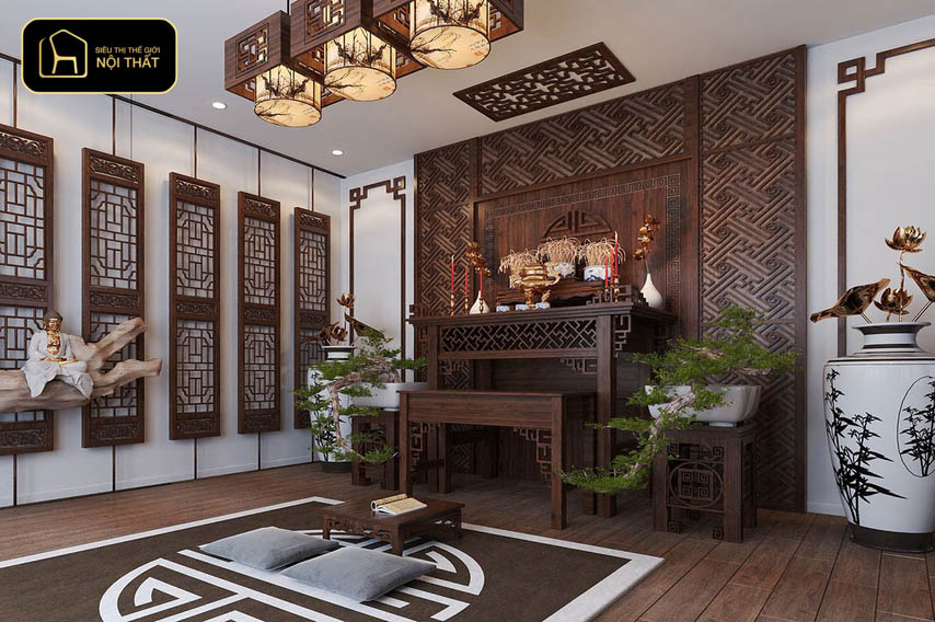 Mẫu phòng thờ đẹp hiện đại - Phòng thờ chất liệu gỗ tự nhiên sang trọng hoặc gỗ công nghiệp tiết kiệm diện tích – phù hợp mọi không gian
