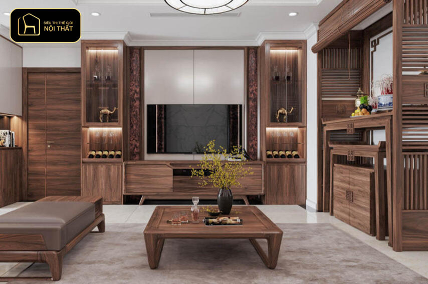 Mẫu phòng thờ đẹp hiện đại - Thiết kế phòng thờ kết hợp phòng khách với lam gỗ và vách ngăn đảm bảo sự riêng tư