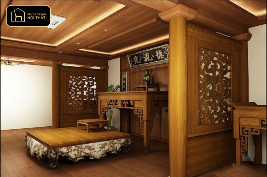 Mẫu phòng thờ đẹp hiện đại - Phòng thờ cao cấp cho biệt thự với nội thất gỗ sang trọng và ánh sáng vàng ấm