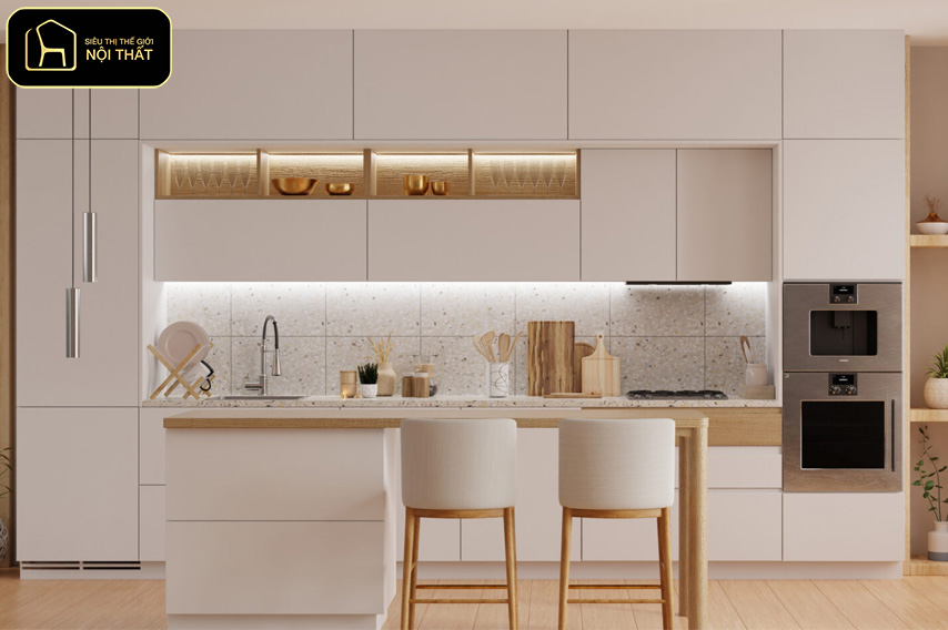 Màu tủ bếp đẹp - Các gam màu trung tính luôn là lựa chọn hàng đầu vì dễ phối nội thất và phù hợp nhiều không gian.
