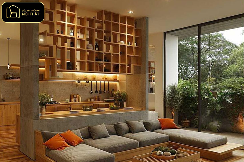 Mẫu vách ngăn phòng khách và bếp - Vách ngăn tích hợp kệ hoặc tủ là giải pháp “hai trong một”, vừa phân chia không gian vừa tăng khả năng lưu trữ.