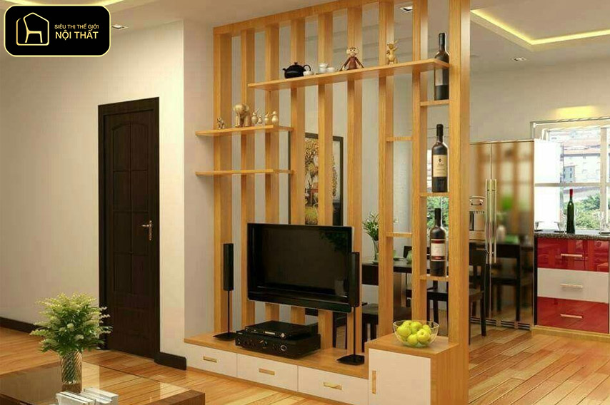 Mẫu vách ngăn phòng khách và bếp - Vách ngăn tivi là lựa chọn thông minh cho các căn hộ có diện tích nhỏ, nơi phòng khách và bếp liền kề nhau.