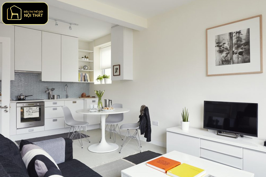 Thiết kế phòng khách liền bếp nhà ống - Phòng khách và bếp được bố trí liền mạch, hạn chế vách ngăn, giúp không gian thoáng và dễ sinh hoạt.