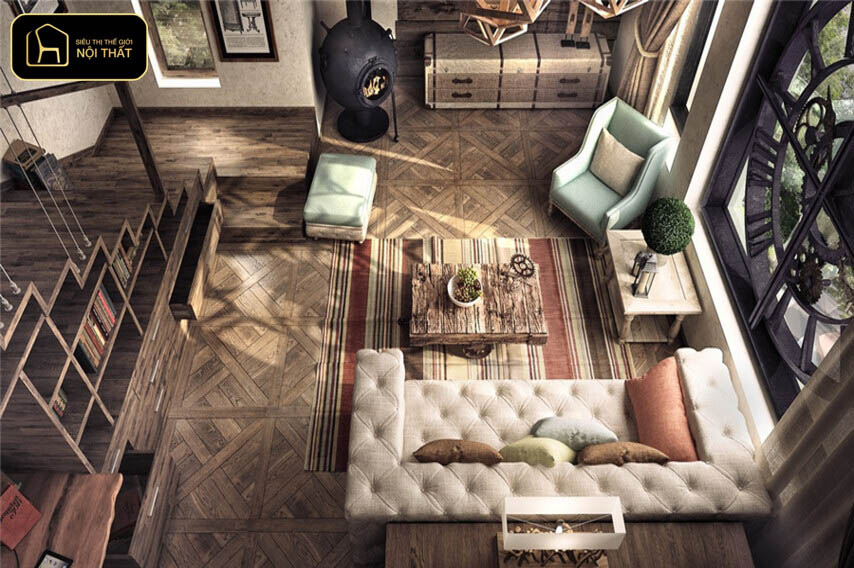 Trang trí nhà cửa theo phong cách vintage - Phòng khách phong cách vintage với sofa vải bố và nội thất gỗ mộc