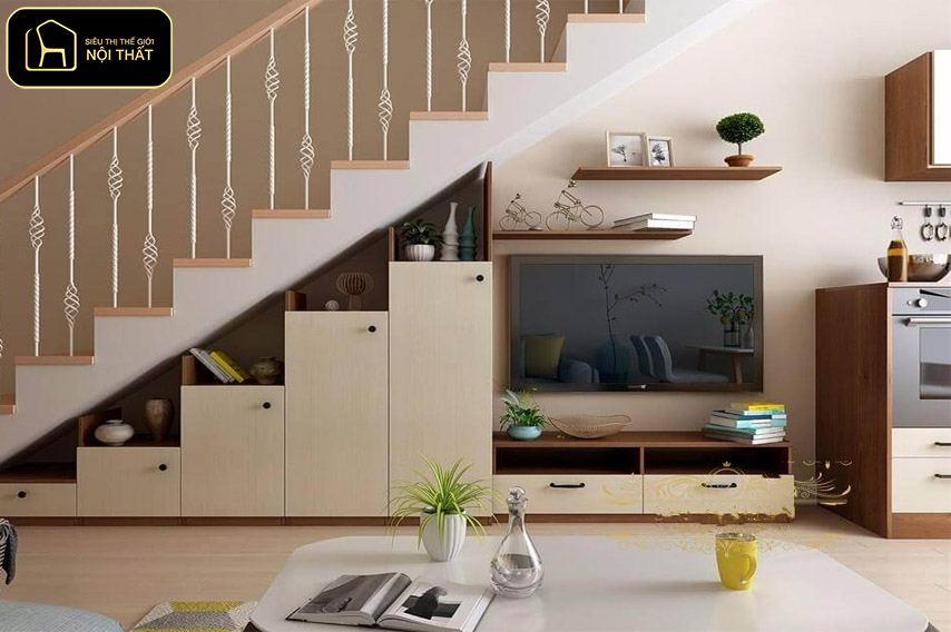 Thiết kế nội thất tối giản - Tận dụng khoảng trống dưới cầu thang để làm các hộc tủ đựng đồ