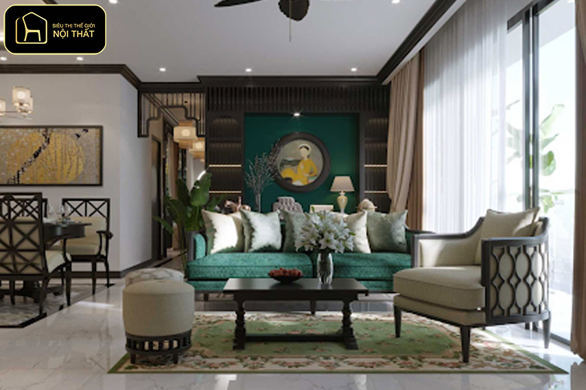 trang trí phòng khách - Mẫu phòng khách Indochine gần gũi