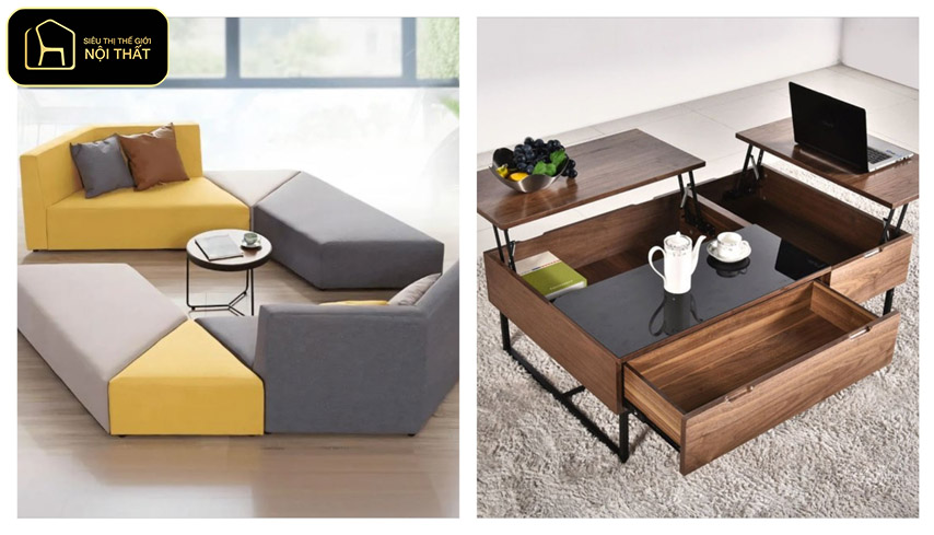 Nội thất thông minh - Bên trái là sofa module, bên phải là bàn trà thông minh
