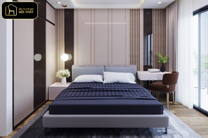 Thiết kế nội thất tối giản - Phòng ngủ tối giản sử dụng tủ kịch trần để tối ưu lưu trữ 