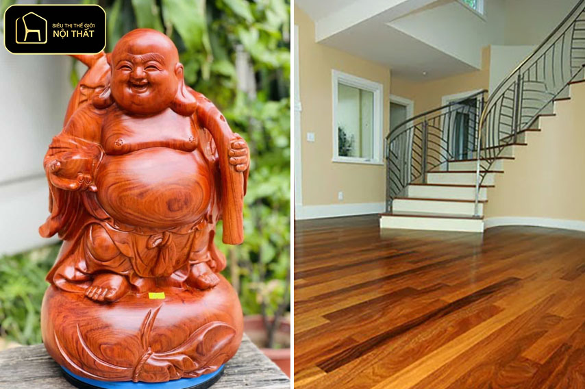 So sánh gỗ hương đá và gõ đỏ - Hương đá hợp đồ mỹ nghệ và bàn ghế đục chạm tinh xảo, còn gõ đỏ lý tưởng cho hạng mục lớn như cửa, cầu thang, sàn và giường tủ để khoe vân da hổ.
