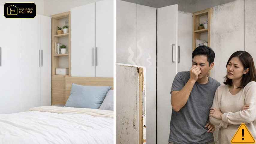 Tâm lý thường gặp: “Lúc mới làm thì đẹp, vài năm sau tủ có mùi lạ, cánh xệ, cạnh bong – nhưng lúc đó thay thì đã muộn.”