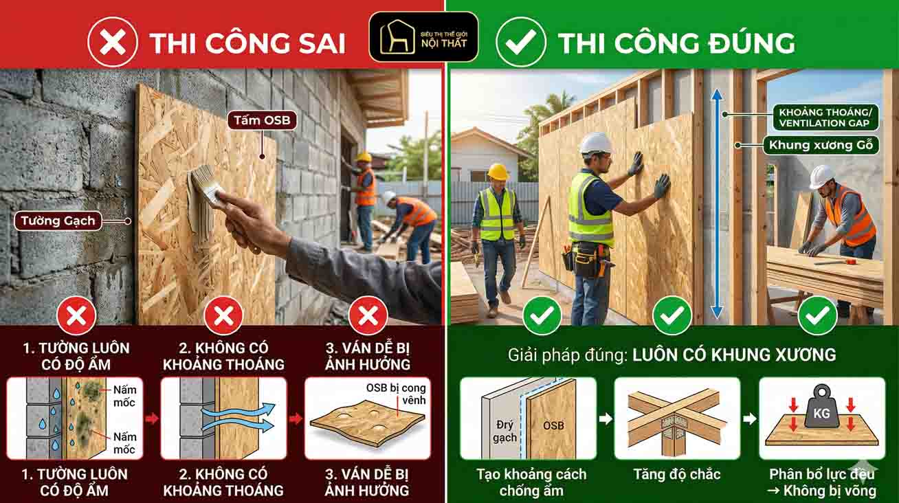 Không ốp trực tiếp – bắt buộc phải có khung xương