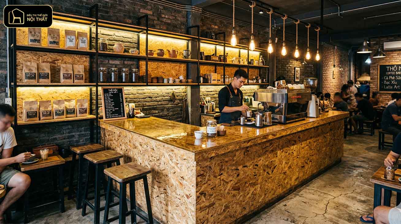 Quầy bar cafe độc đáo với ốp osb thô mộc ấn tượng