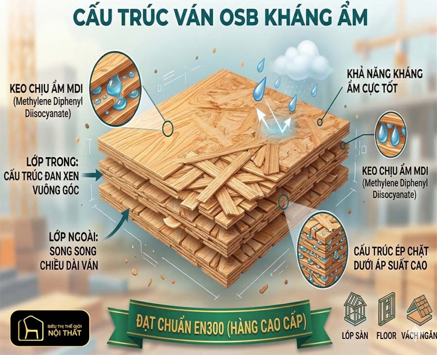 Ván OSB có khả năng kháng ẩm tương đối tốt nhờ lớp keo chịu ẩm MDI