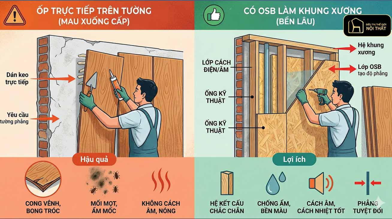 ván osb làm khung xương tránh tình trạng ẩm mốc tường