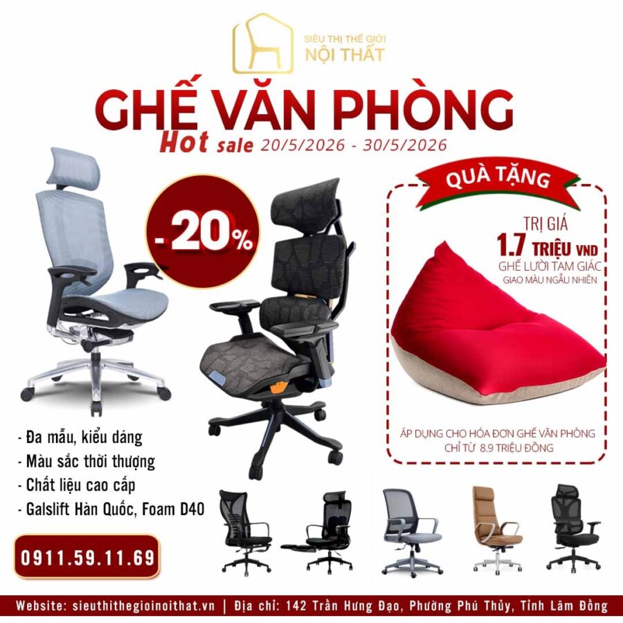 Giảm 20% và tặng thêm ghế lười cao cấp khi mua ghế văn phòng